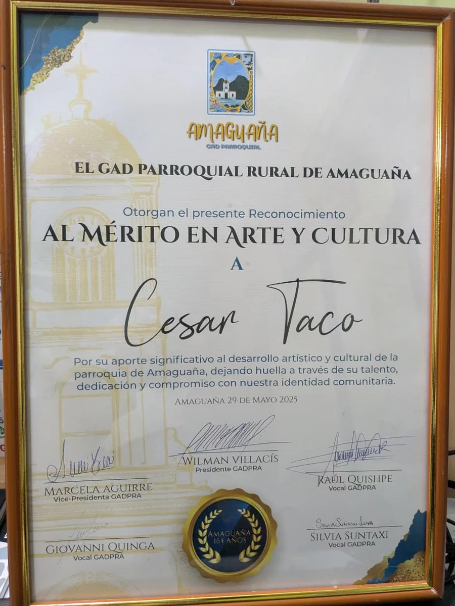 Certificado de mérito en arte y cultura otorgado a Cesar Taco.